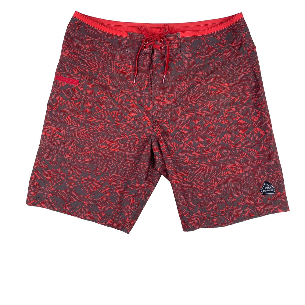 prAna Men's Crimson Cabana Catalyst Shorts Boardshort Red Gray Geometric Print33